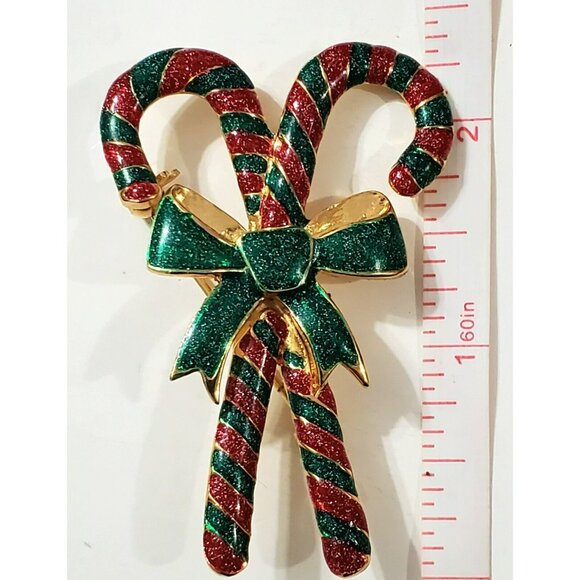 VTG Double Candy Cane Brooch Pin Christmas Enamel Glitter Gold Stripes Bow AAi - Picture 8 of 8